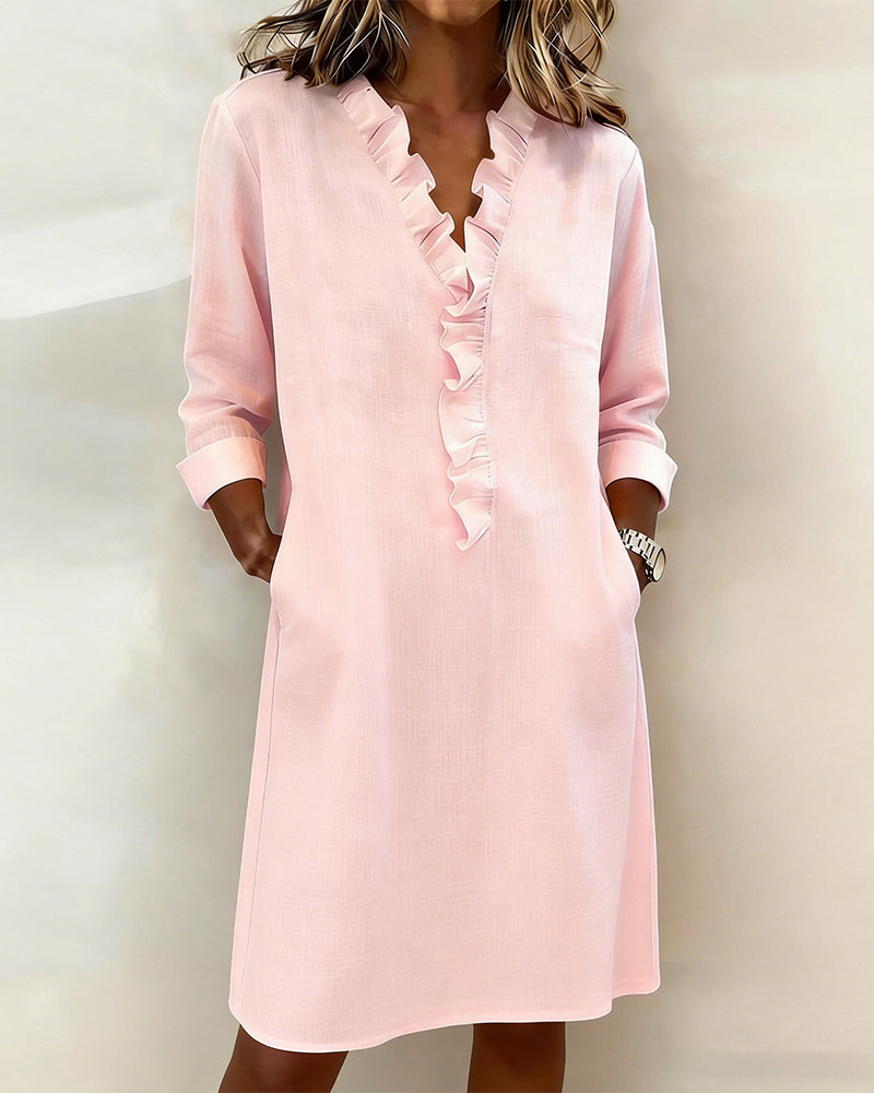 Robe Unie à Volants avec Col en V