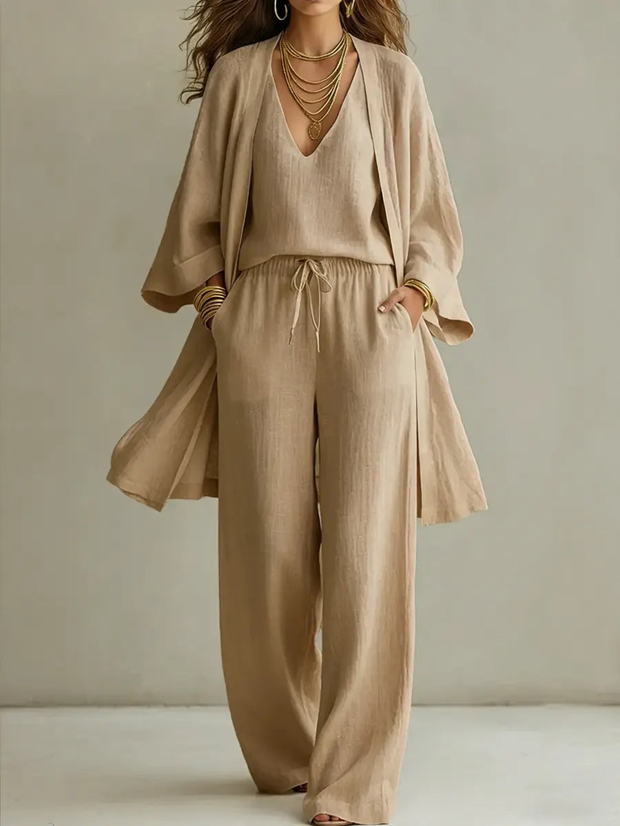 Ensemble Femme Trois Pièces Coton Lin Style Minimaliste Élégant