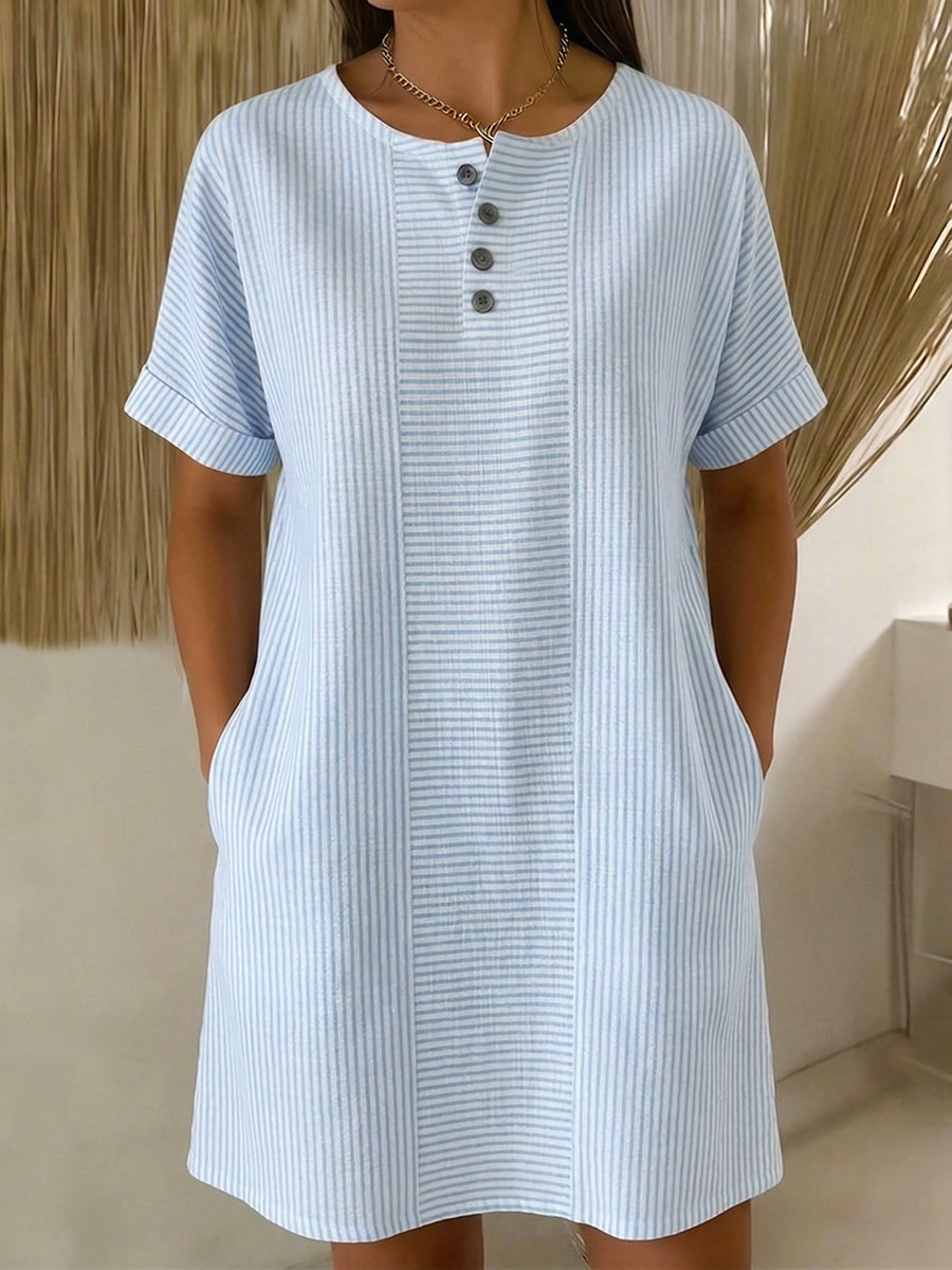 Robe Femme Coton Lin Boutonnée Coupe Ample Col Henley Élégante