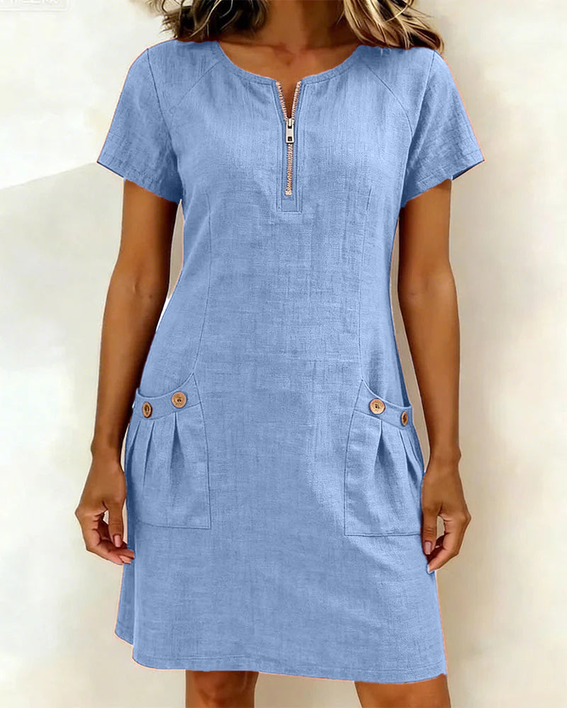 Robe Courte en Lin et Coton avec Fermeture Éclair - Coupe A-Line Élégante