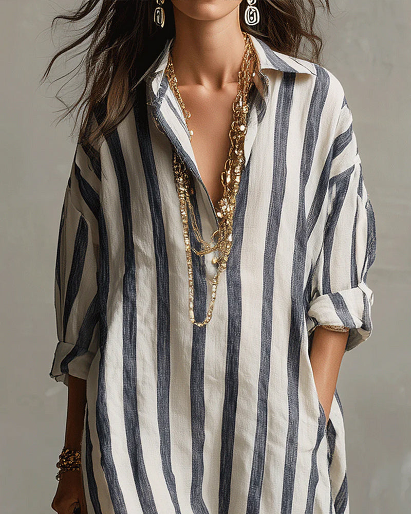 Robe femme maxi rayée fluide col revers manches longues chic décontractée