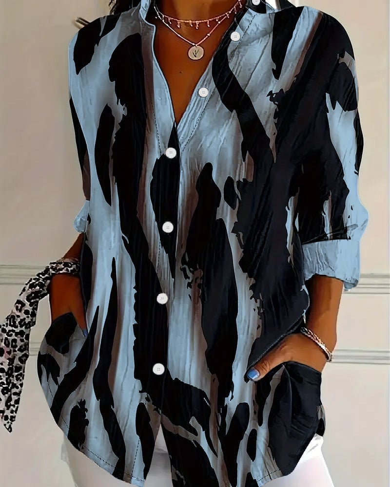 Blouse Imprimée Irregulière à Col Montant