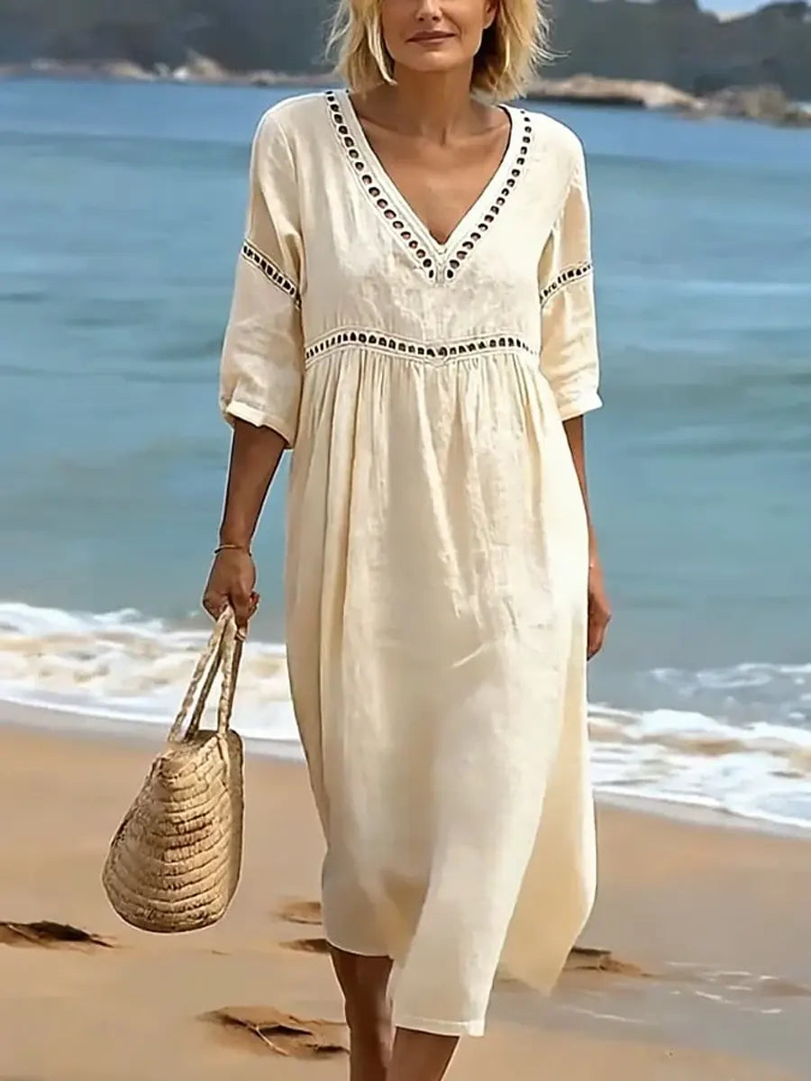 Rynoxa - Robe femme midi fluide col V manches larges style naturel élégant