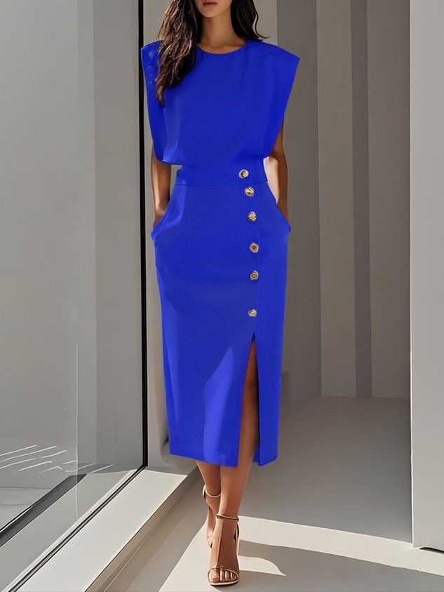 Floralia - Robe midi unie avec fente à boutons et décolleté rond