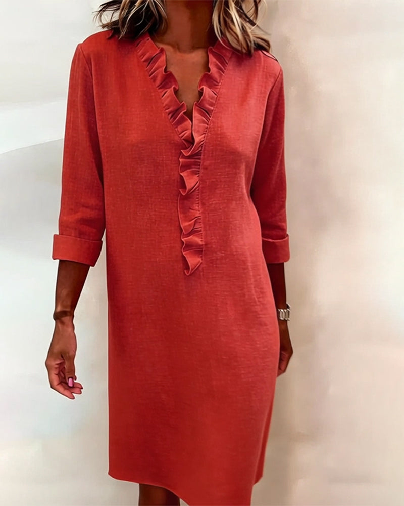 Robe Unie à Volants avec Col en V