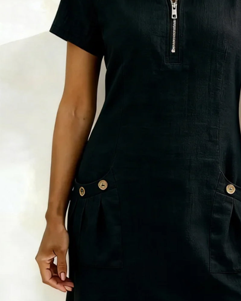 Kovira - Robe Courte Coton Lin avec Fermeture Éclair et Poches