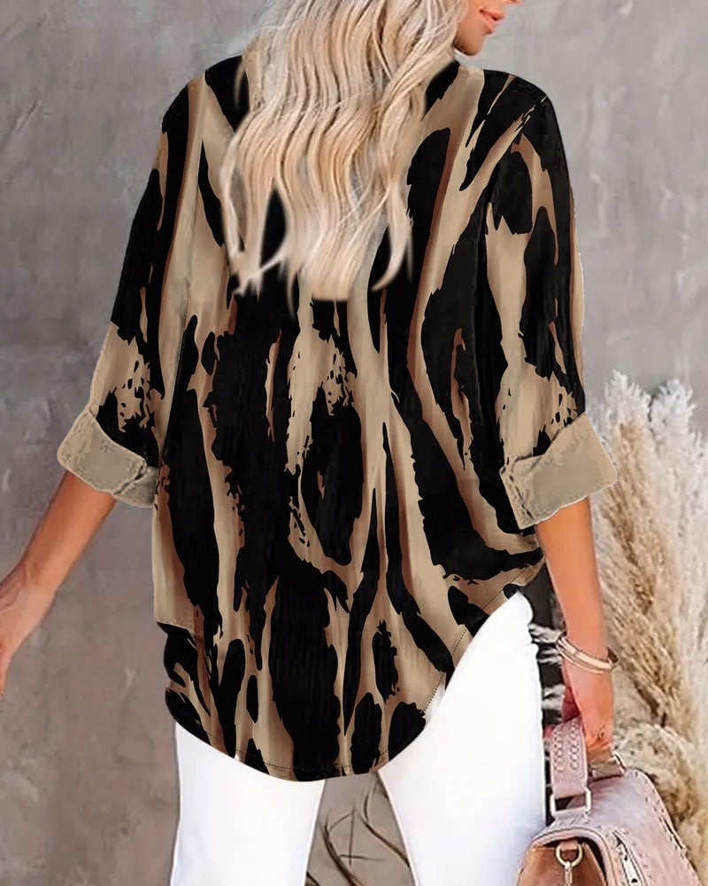 Blouse Imprimée Irregulière à Col Montant