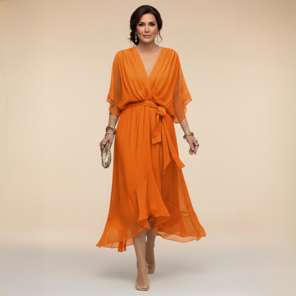 Robe Femme Chiffon Fluide Col V Coupe Élégante Ceinturée
