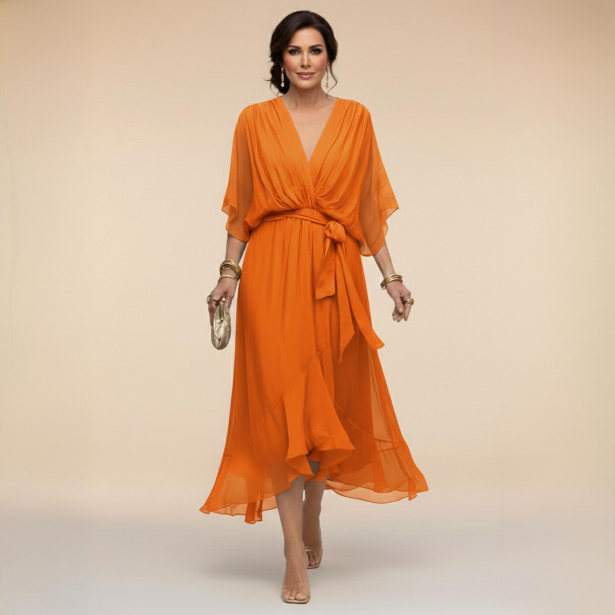 Robe Femme Chiffon Fluide Col V Coupe Élégante Ceinturée