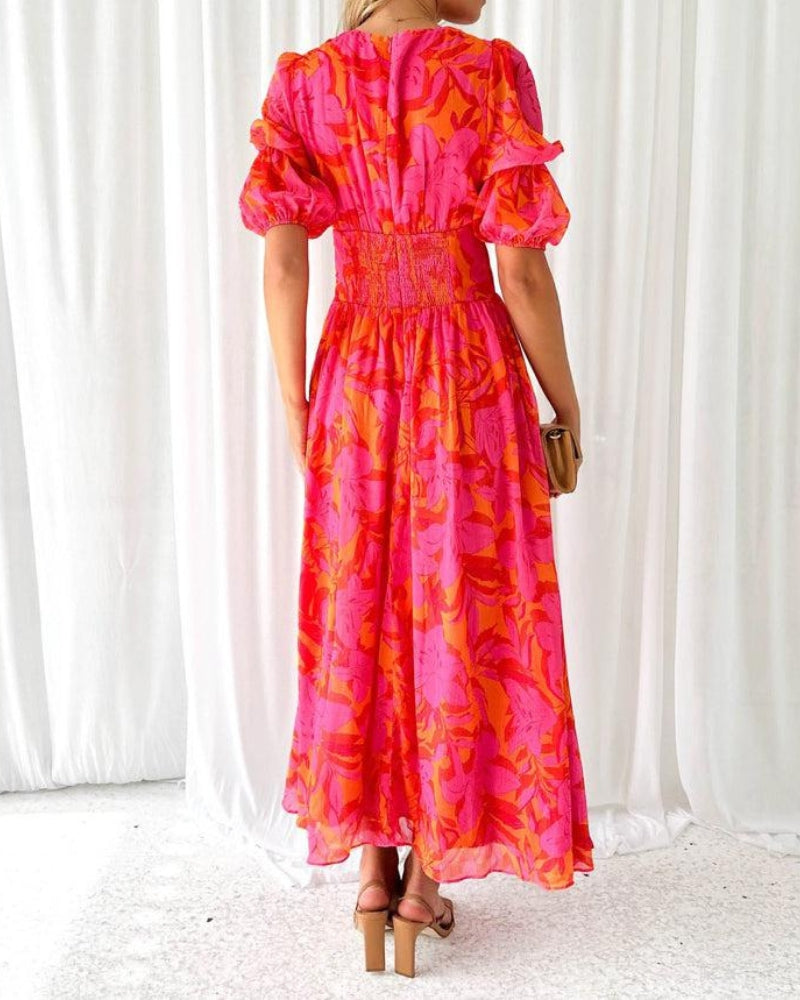 Robe Femme Longue Fluide Imprimée Col V Élégante Été