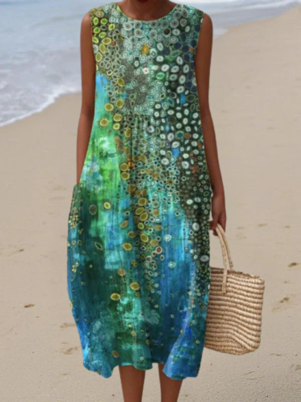 Tazira - Robe Femme Été Fluide Imprimé Artistique Sans Manches Confort Léger