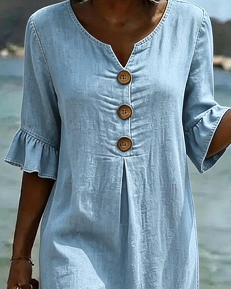 Fynorae - Robe femme en jean manches volants coupe fluide été plage
