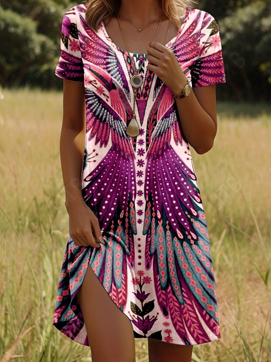 Nivara - Robe à Col Rond avec Imprimé Indien à Manches Courtes