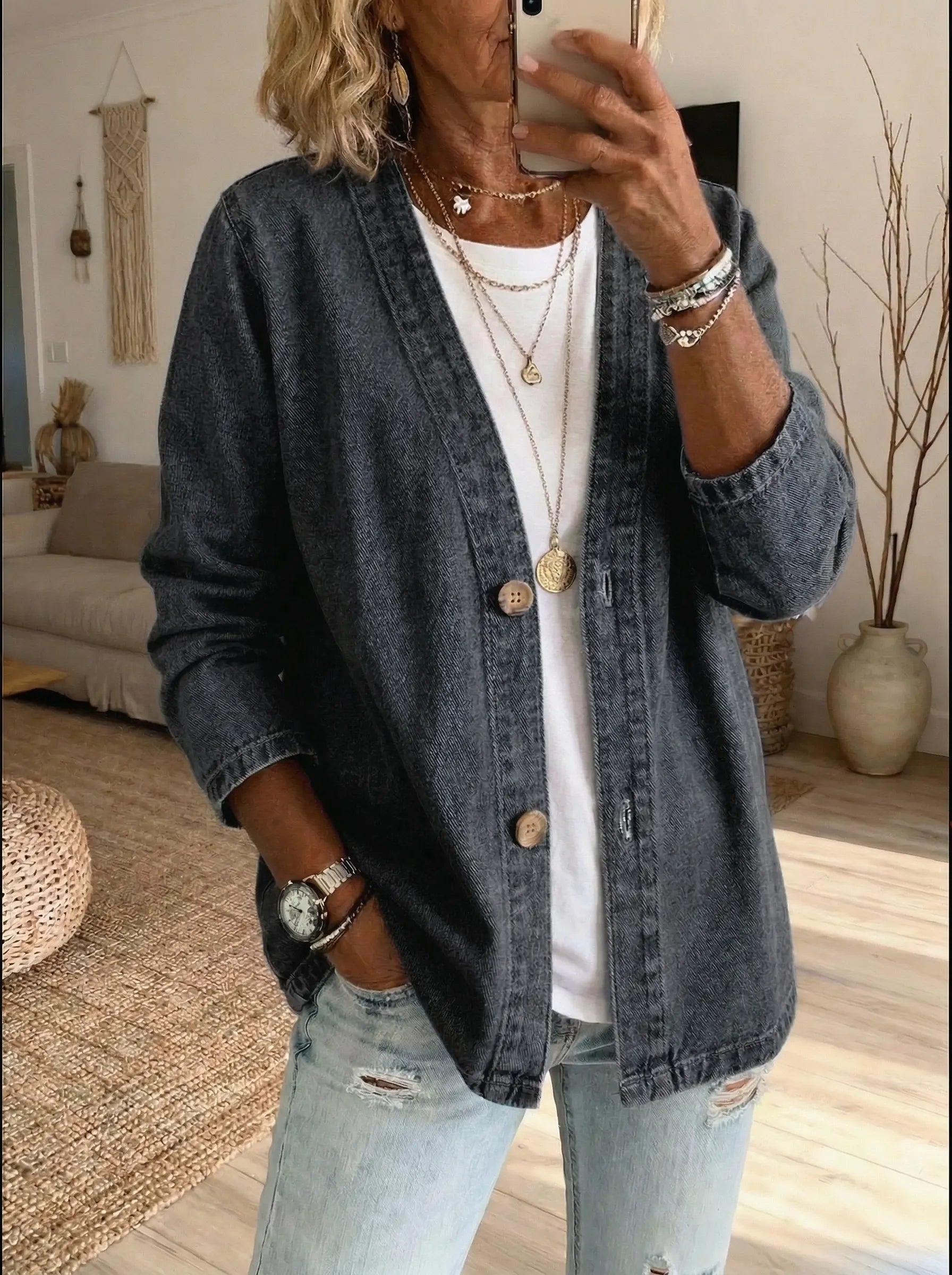 Oryxa - Veste Femme Denim Coupe Ample Boutonnée Style Décontracté