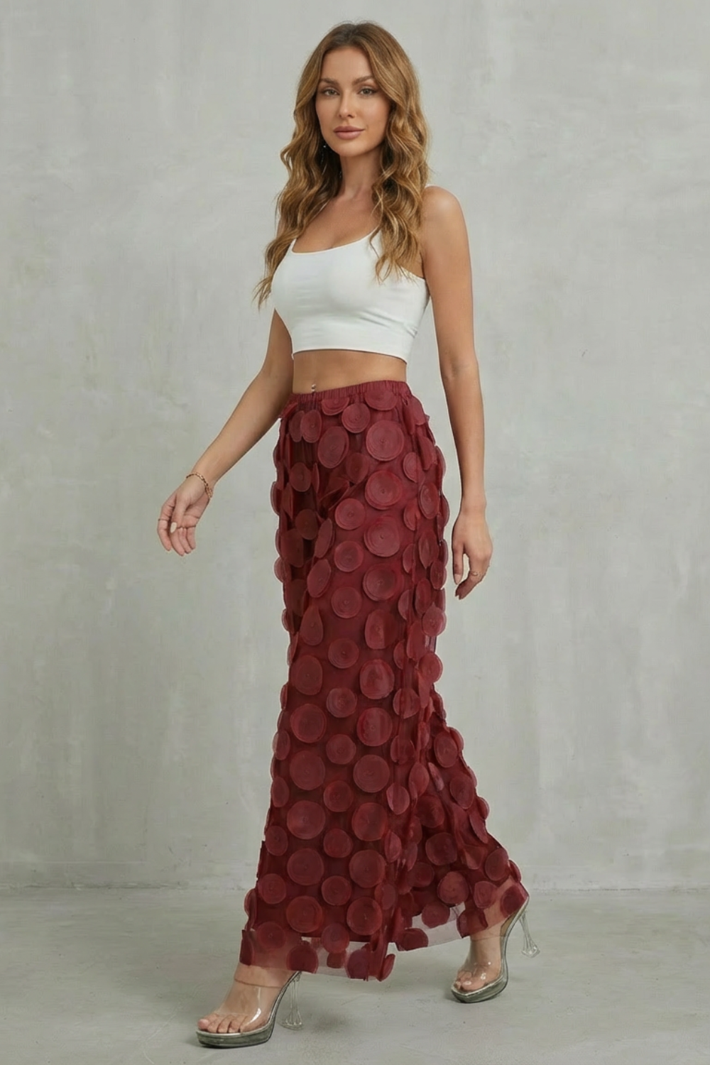 Pantalon Large Femme Bellaria – Rouge, Appliqué Cercles 3D