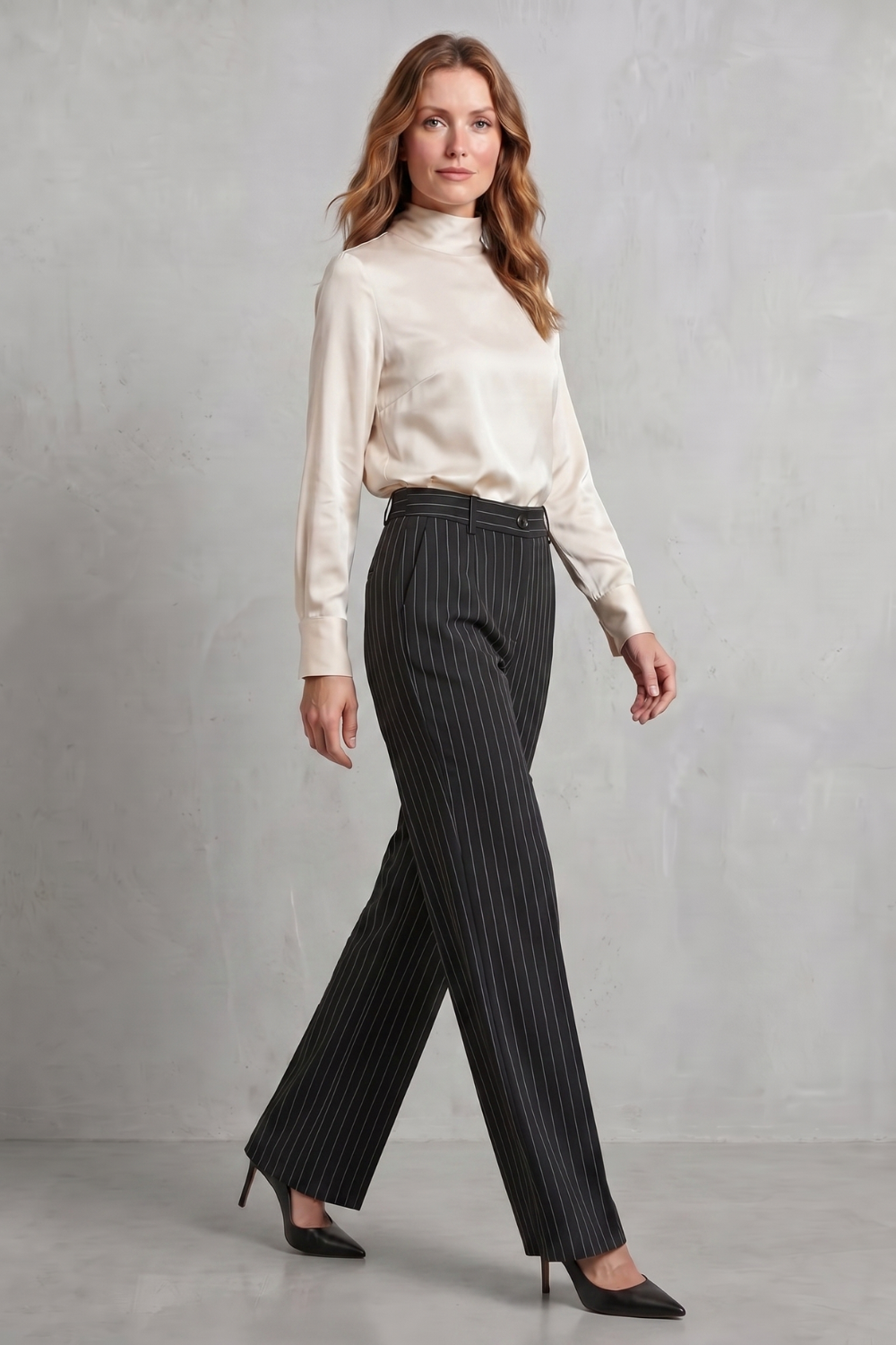 Pantalon Large Femme Belloire – Rayé Fin, Style Élégant