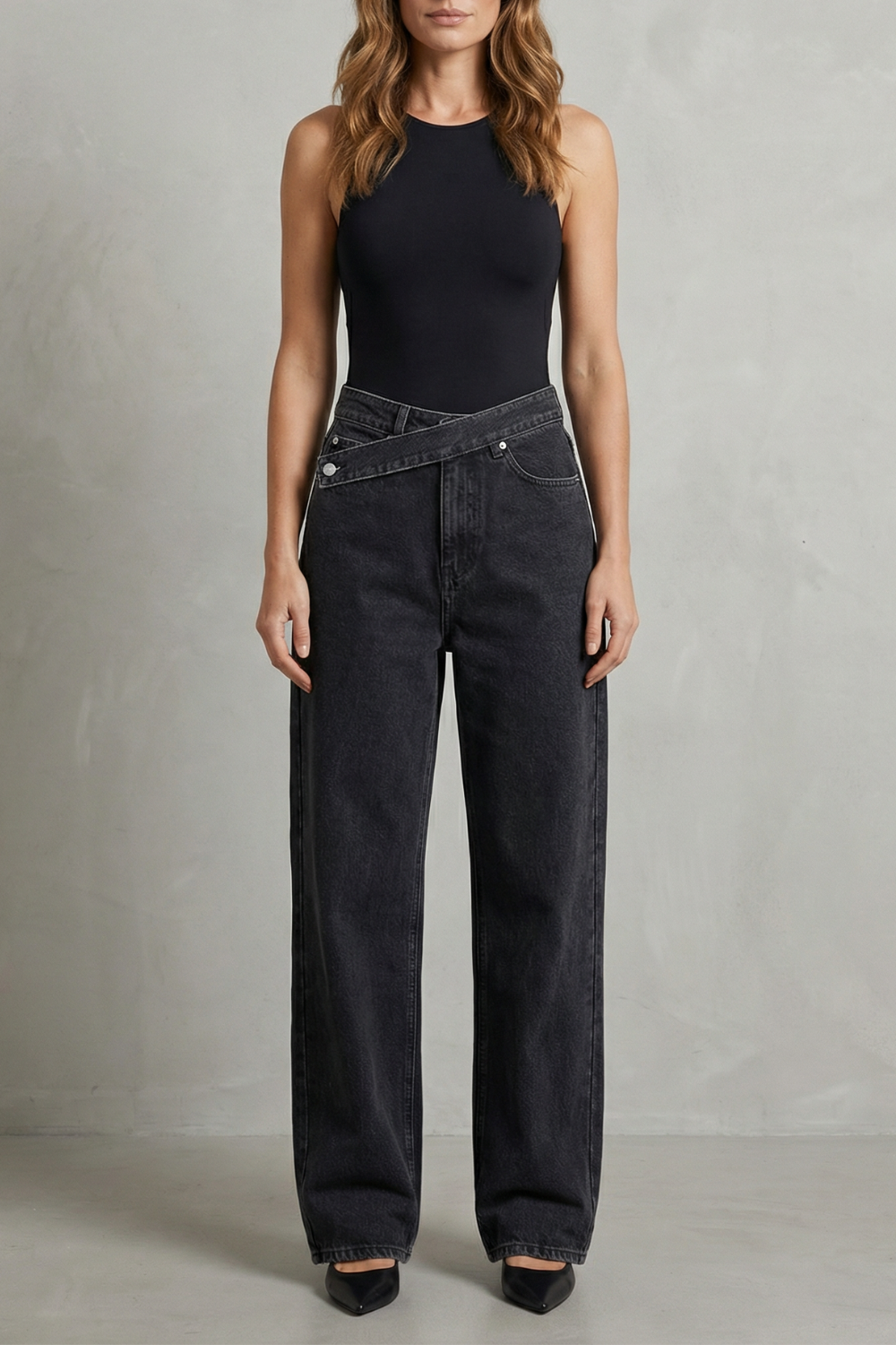 Jean Droit Femme Casila – Noir, Fermeture Asymétrique