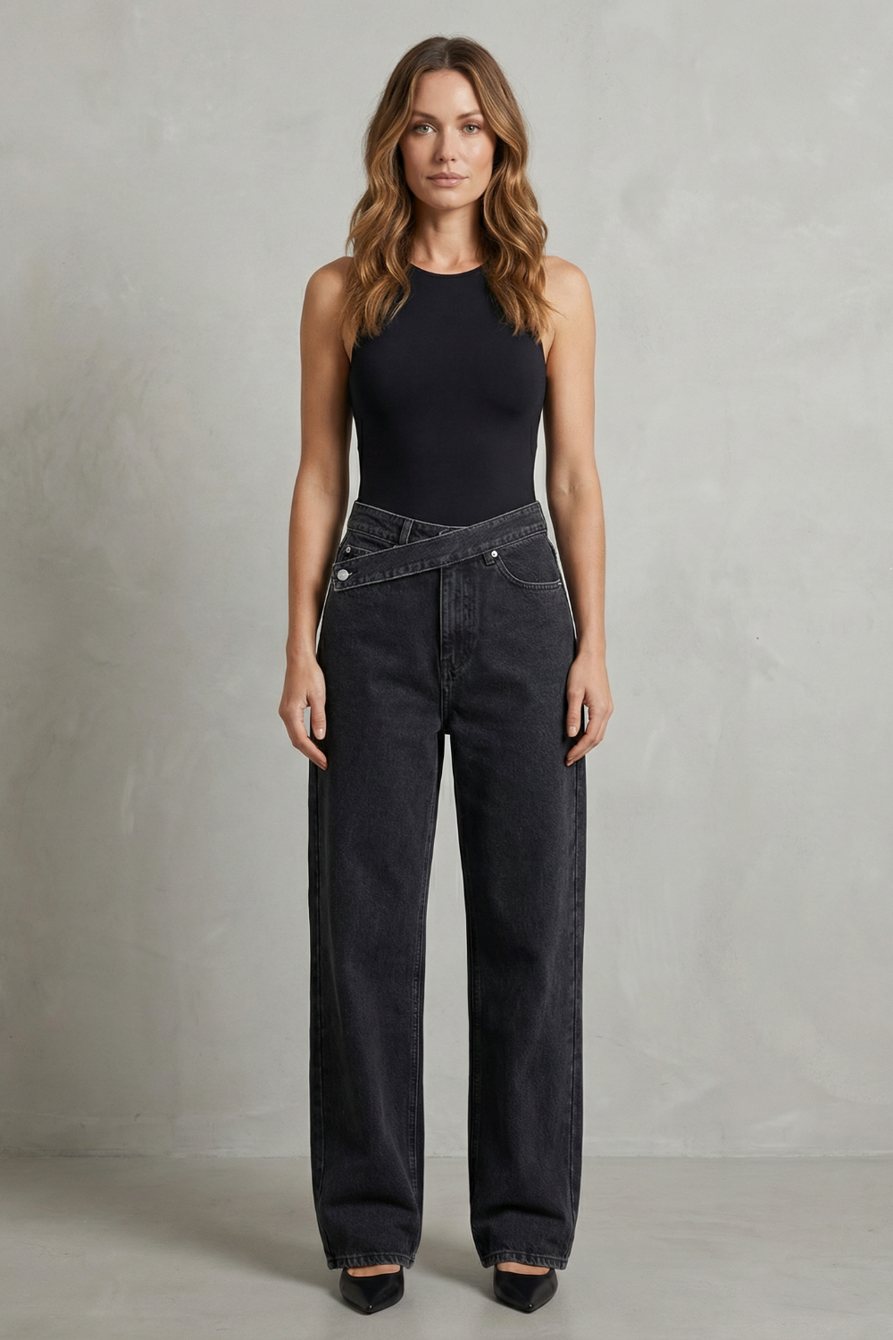 Jean Droit Femme Casila – Noir, Fermeture Asymétrique