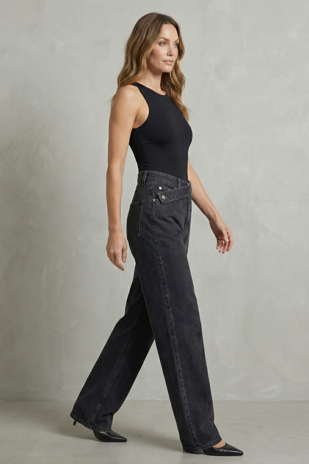 Jean Droit Femme Casila – Noir, Fermeture Asymétrique