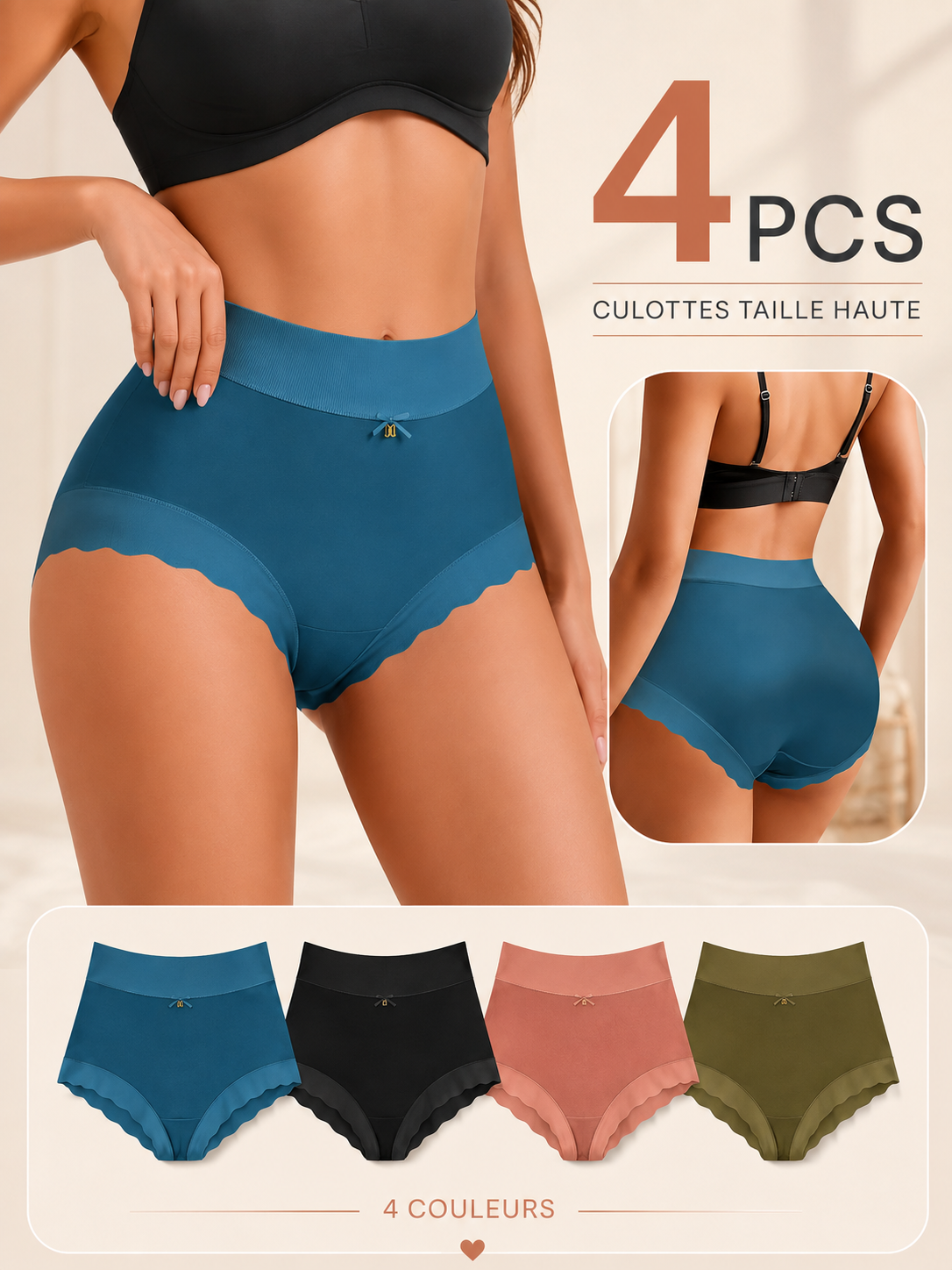 SOFIA™ | Pack de 4 Culottes Satinées Taille Haute