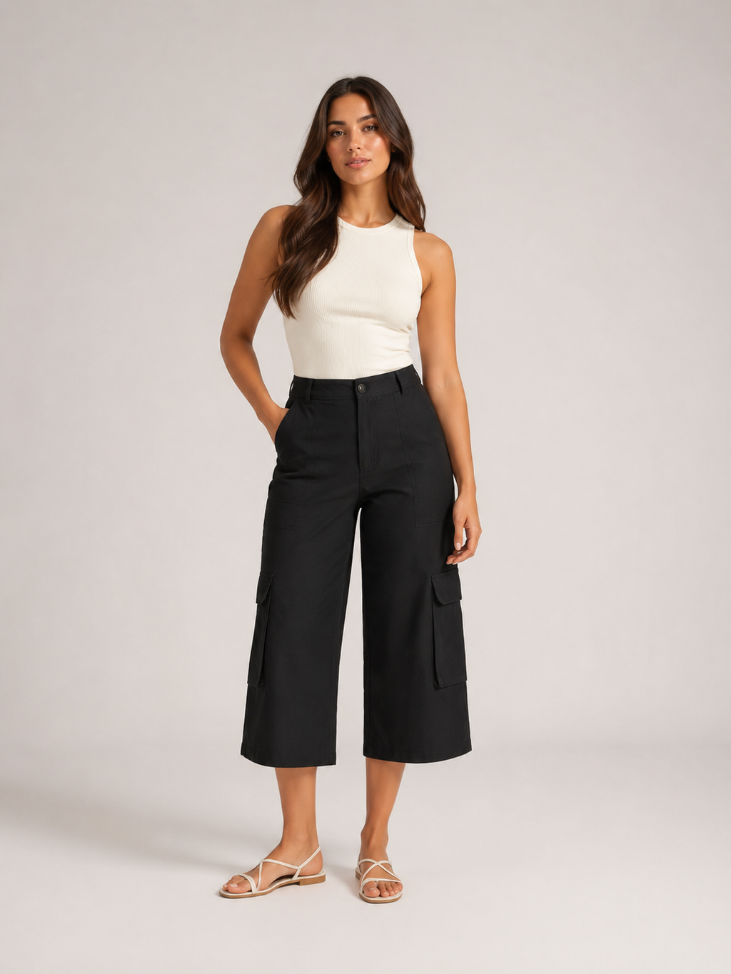 Trinette - Pantalon cargo femme avec poches à rabat et longueur 7/8