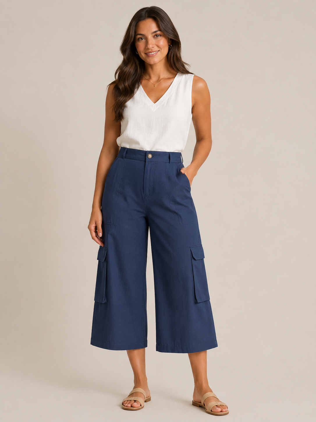 Trinette - Pantalon cargo femme avec poches à rabat et longueur 7/8