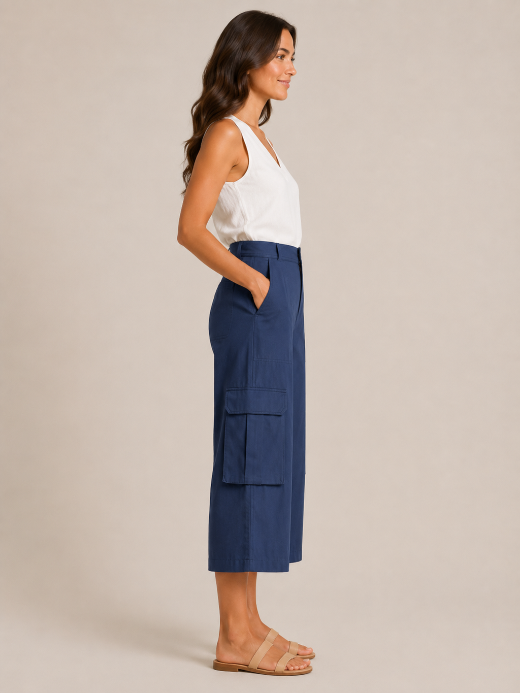 Trinette - Pantalon cargo femme avec poches à rabat et longueur 7/8