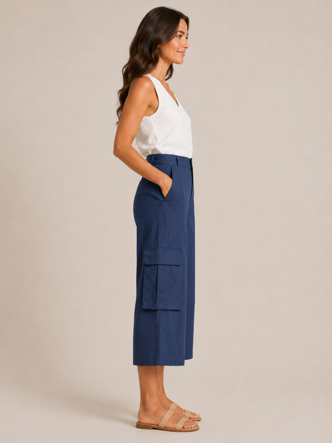 Trinette - Pantalon cargo femme avec poches à rabat et longueur 7/8