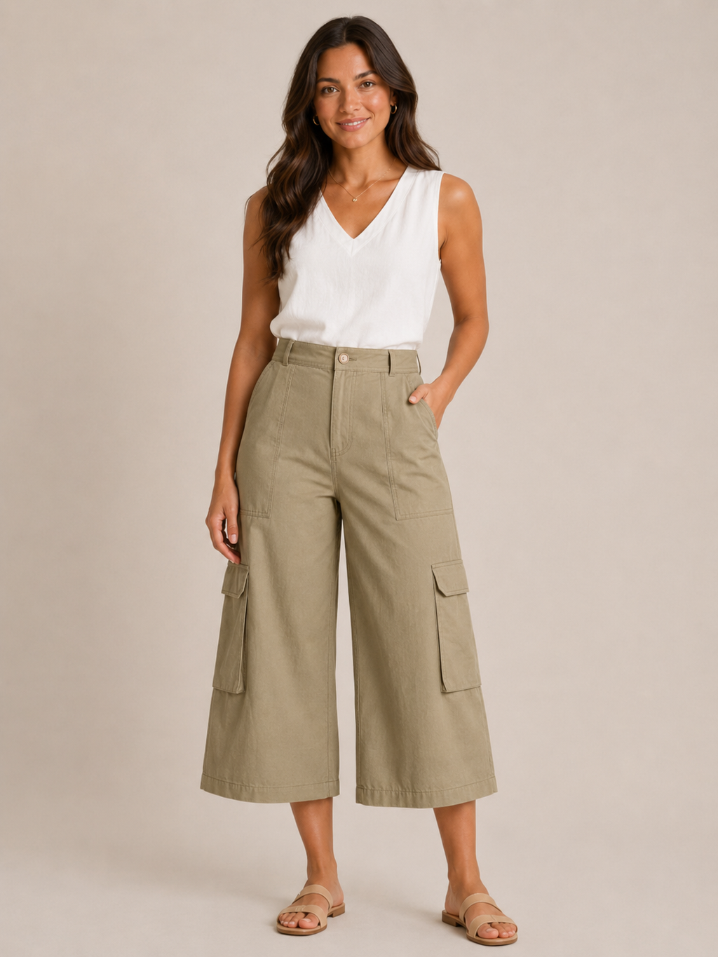 Trinette - Pantalon cargo femme avec poches à rabat et longueur 7/8