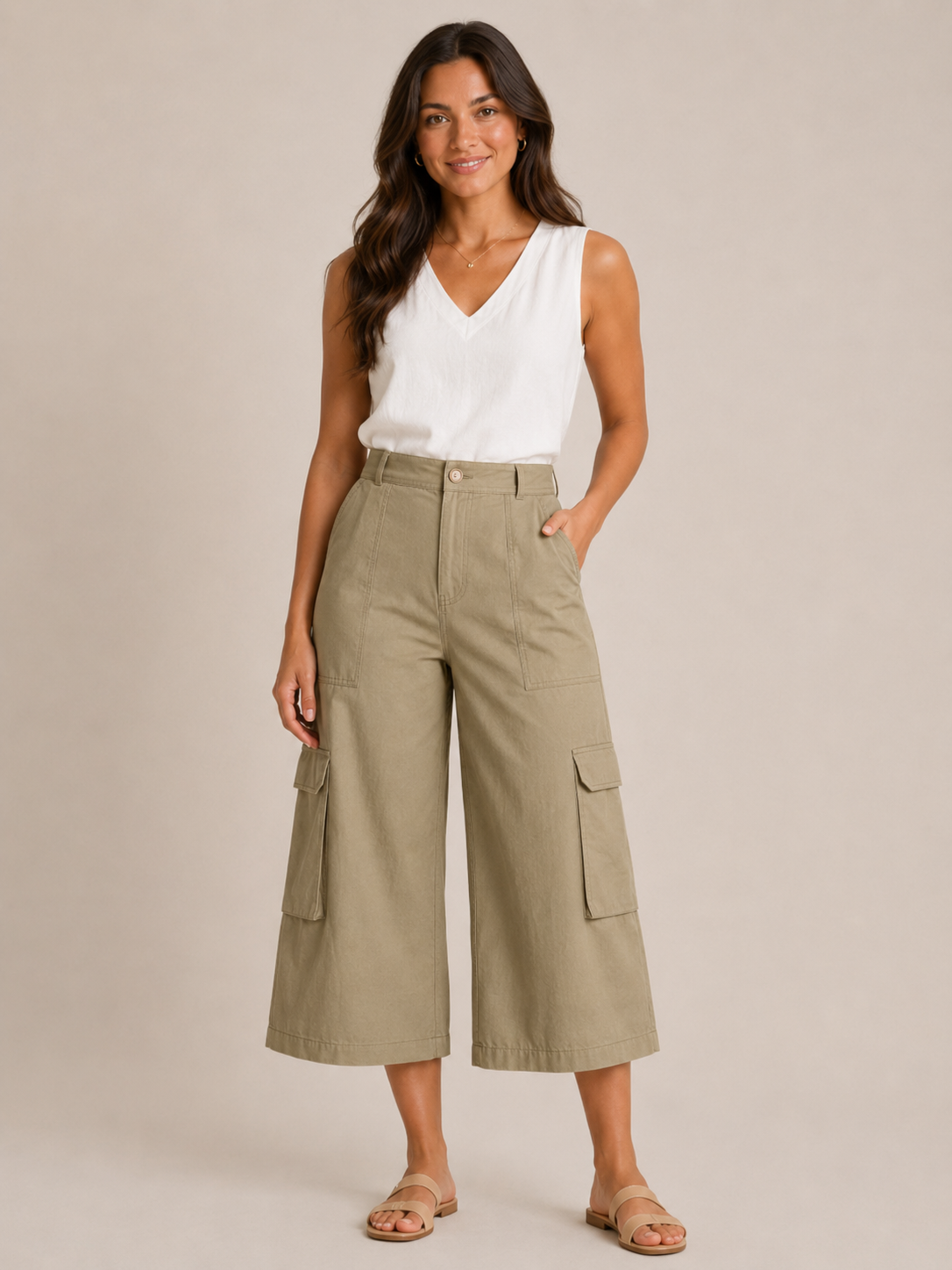 Trinette - Pantalon cargo femme avec poches à rabat et longueur 7/8