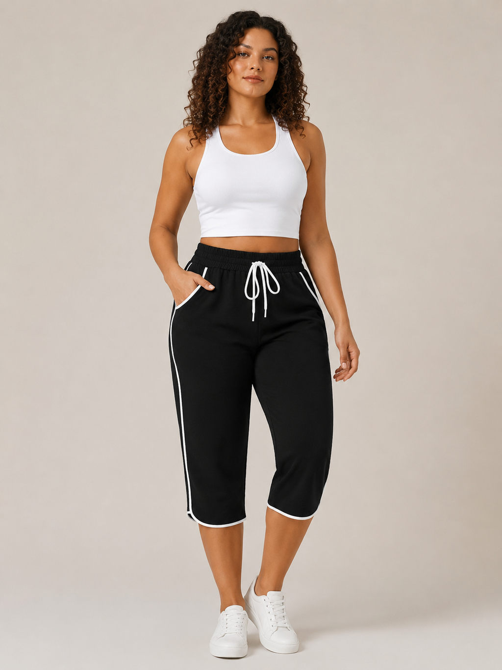 Tilmara - Pantalon capri pour femmes avec bande contrastante sur le côté et cordon de serrage