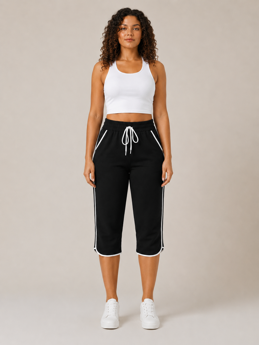 Tilmara - Pantalon capri pour femmes avec bande contrastante sur le côté et cordon de serrage