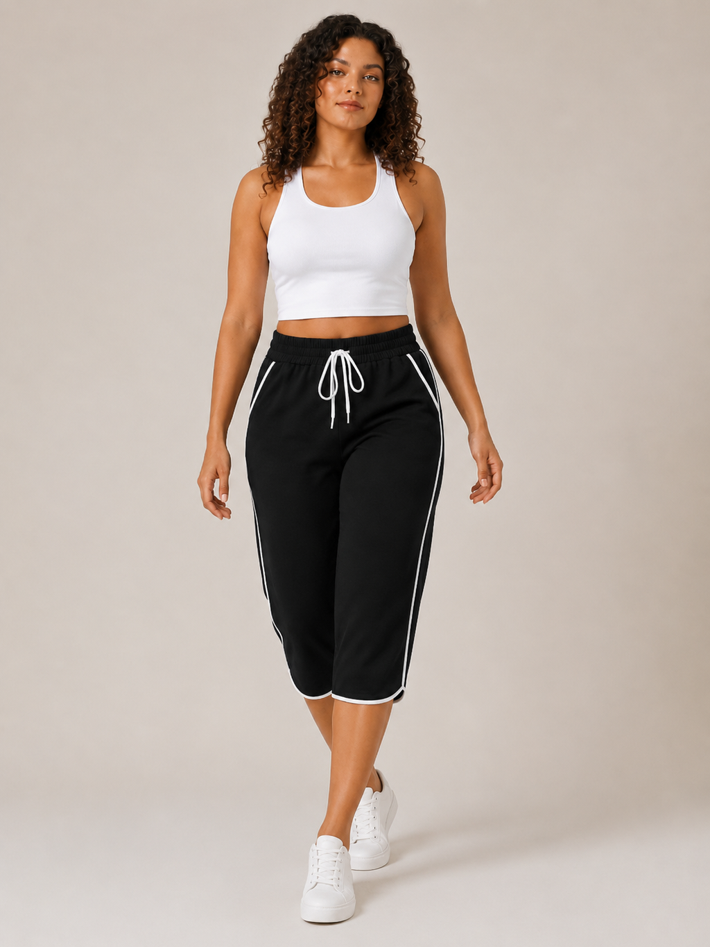 Tilmara - Pantalon capri pour femmes avec bande contrastante sur le côté et cordon de serrage