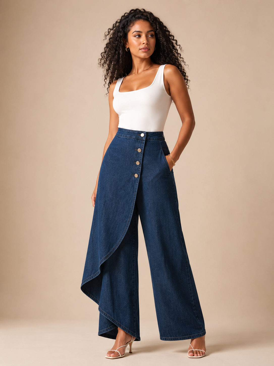 Taneira - Pantalon palazzo pour femmes avec drapé asymétrique et détails de boutons
