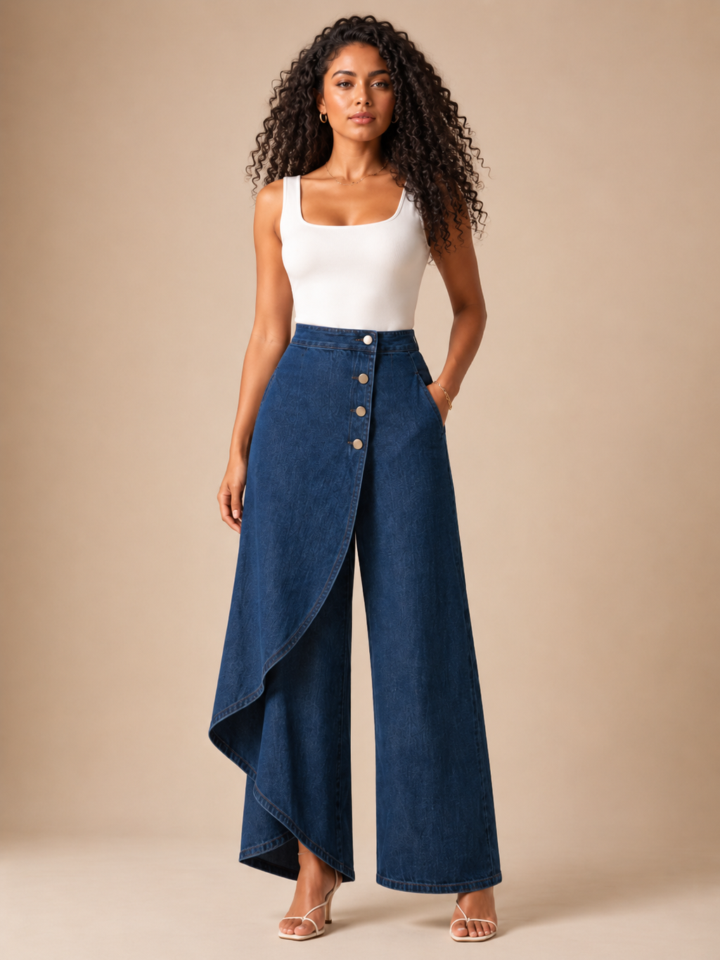Taneira - Pantalon palazzo pour femmes avec drapé asymétrique et détails de boutons