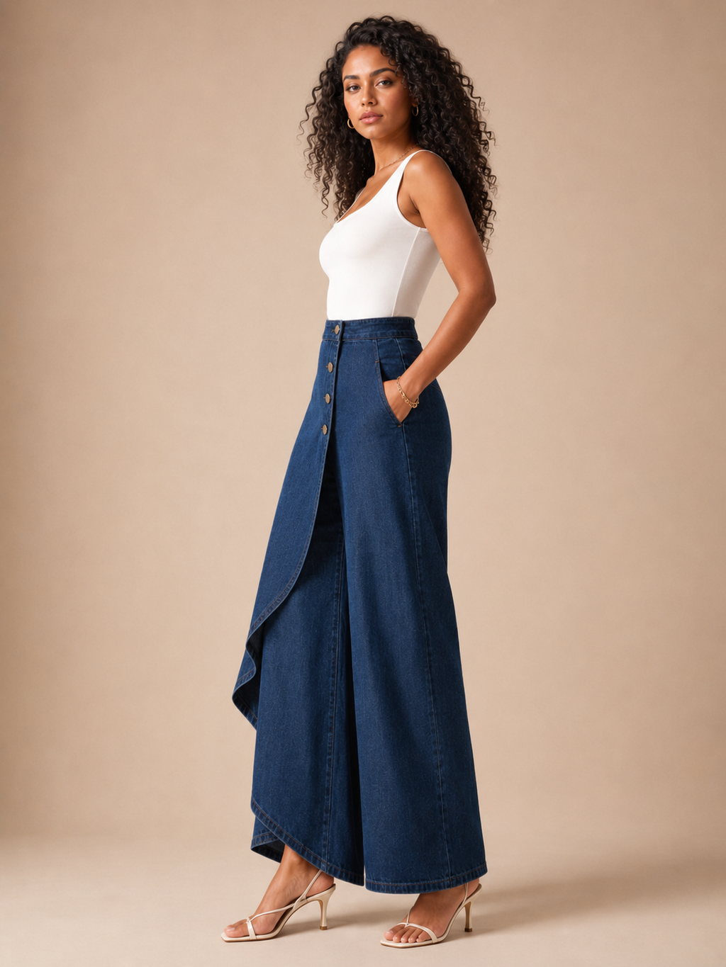 Taneira - Pantalon palazzo pour femmes avec drapé asymétrique et détails de boutons
