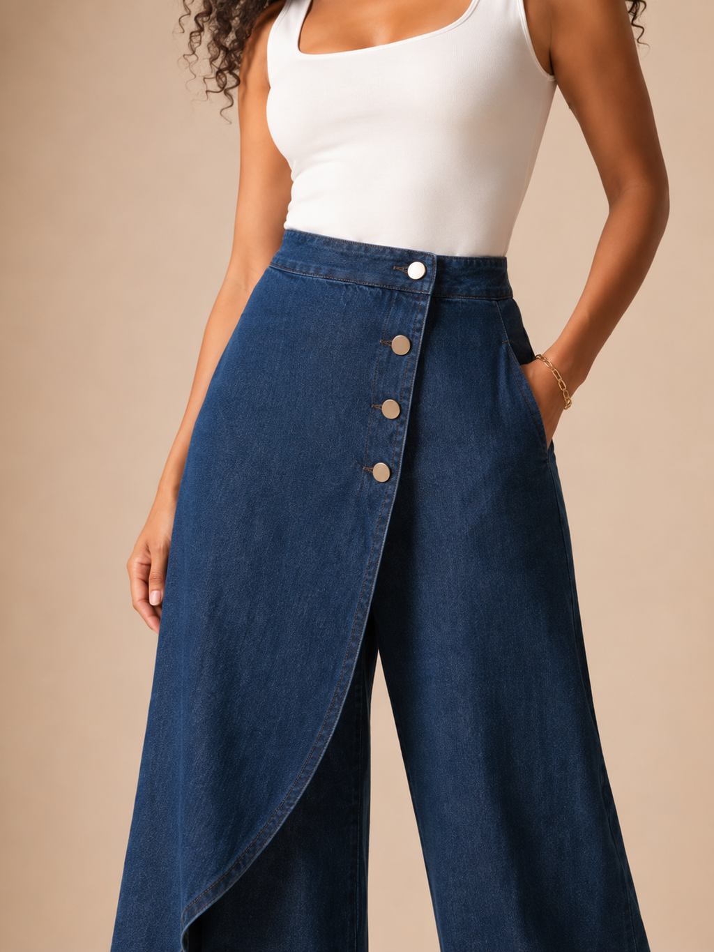 Taneira - Pantalon palazzo pour femmes avec drapé asymétrique et détails de boutons