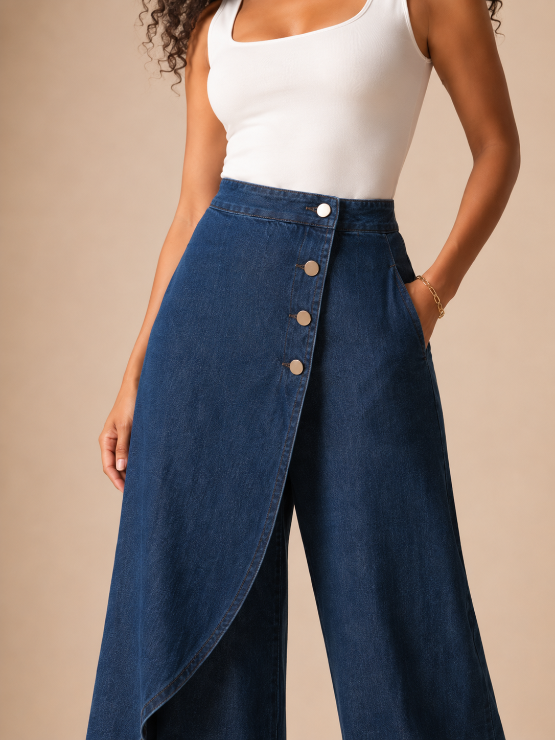 Taneira - Pantalon palazzo pour femmes avec drapé asymétrique et détails de boutons