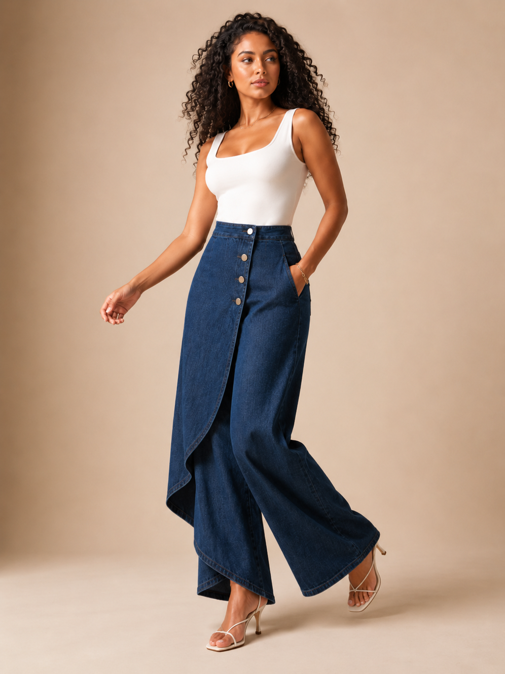 Taneira - Pantalon palazzo pour femmes avec drapé asymétrique et détails de boutons