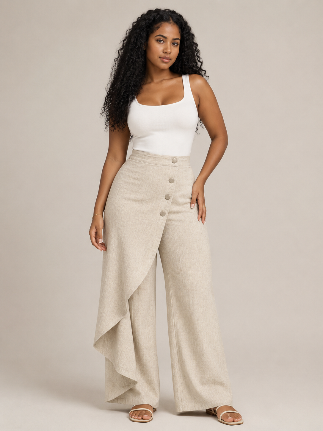 Taneira - Pantalon palazzo pour femmes avec drapé asymétrique et détails de boutons