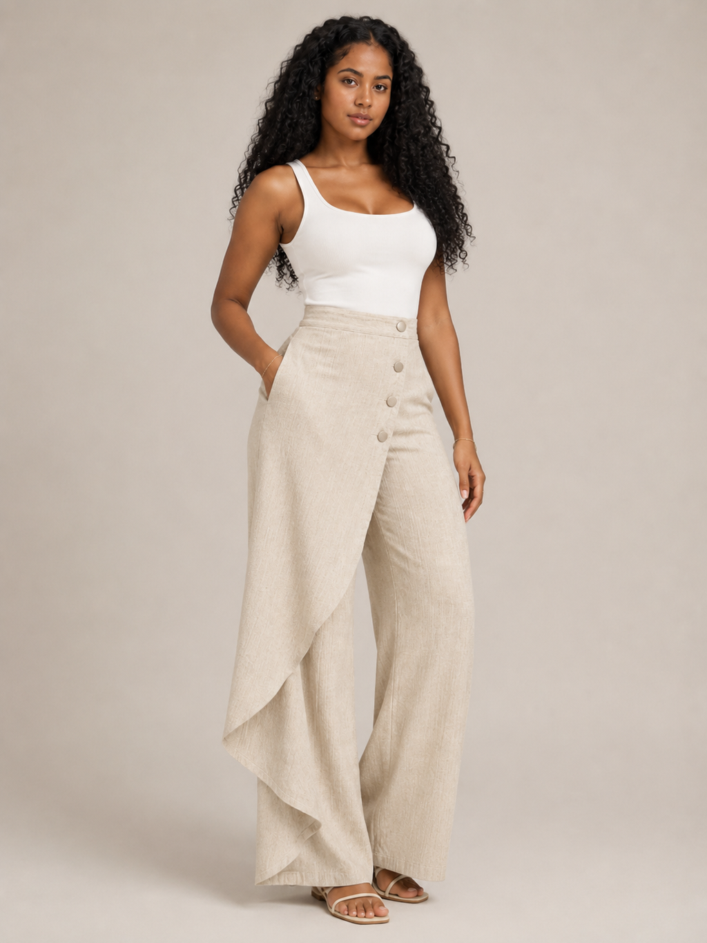 Taneira - Pantalon palazzo pour femmes avec drapé asymétrique et détails de boutons