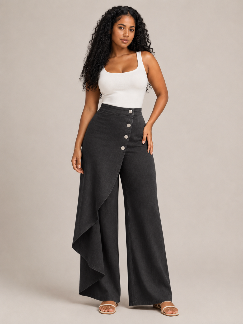 Taneira - Pantalon palazzo pour femmes avec drapé asymétrique et détails de boutons