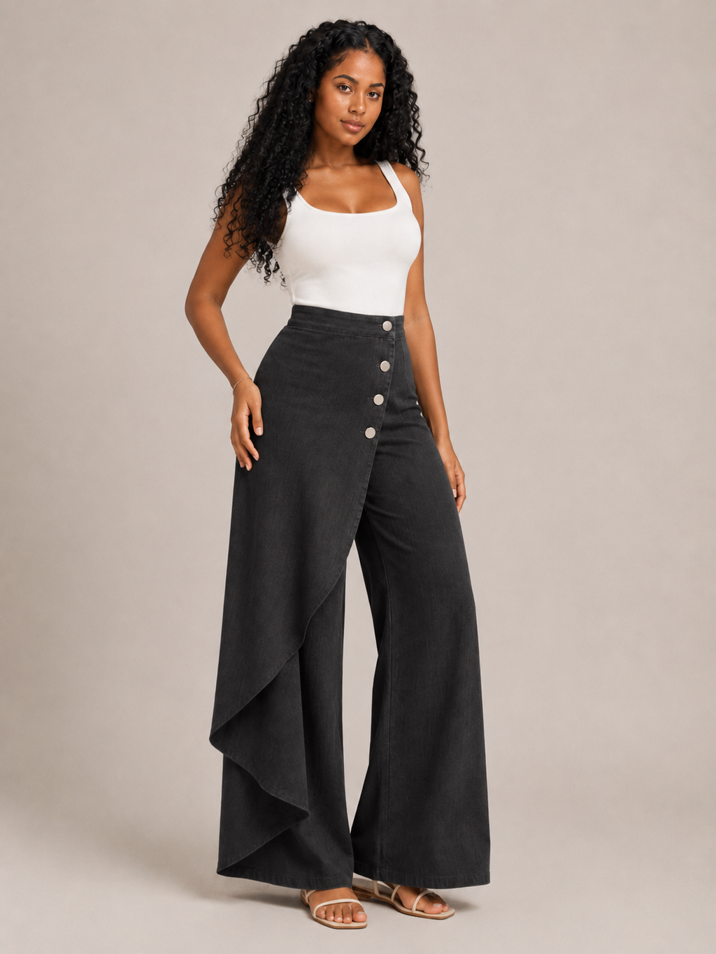 Taneira - Pantalon palazzo pour femmes avec drapé asymétrique et détails de boutons
