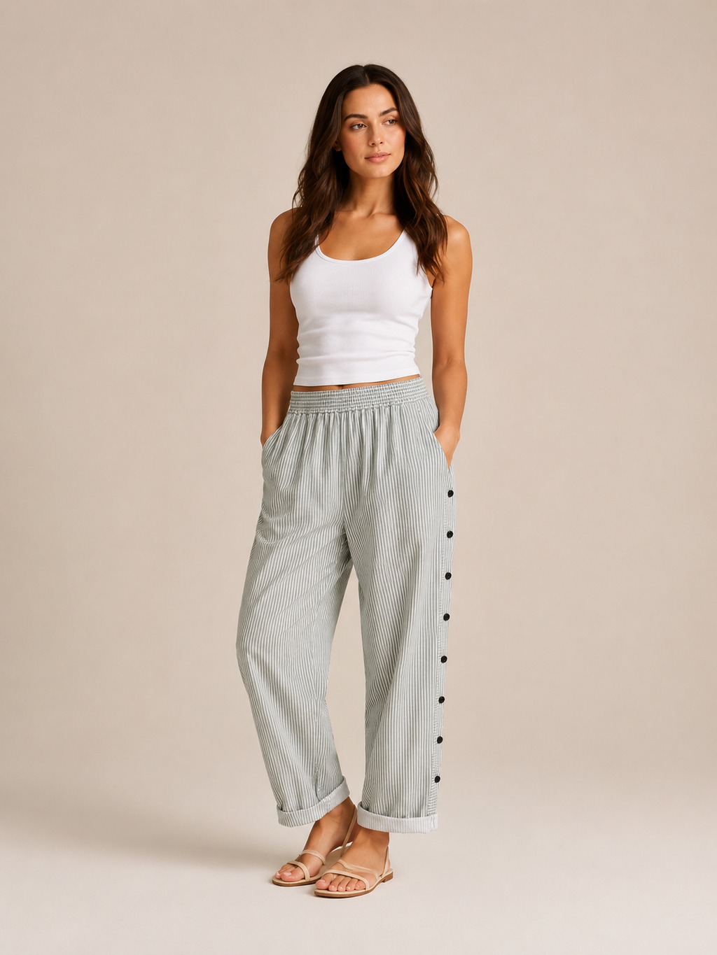 Tirena - Pantalon rayé pour femmes avec taille élastique et boutons sur les côtés