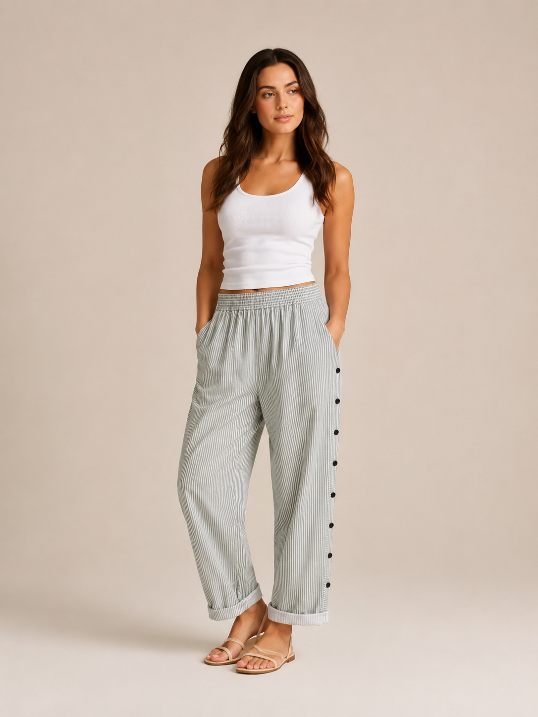 Tirena - Pantalon rayé pour femmes avec taille élastique et boutons sur les côtés
