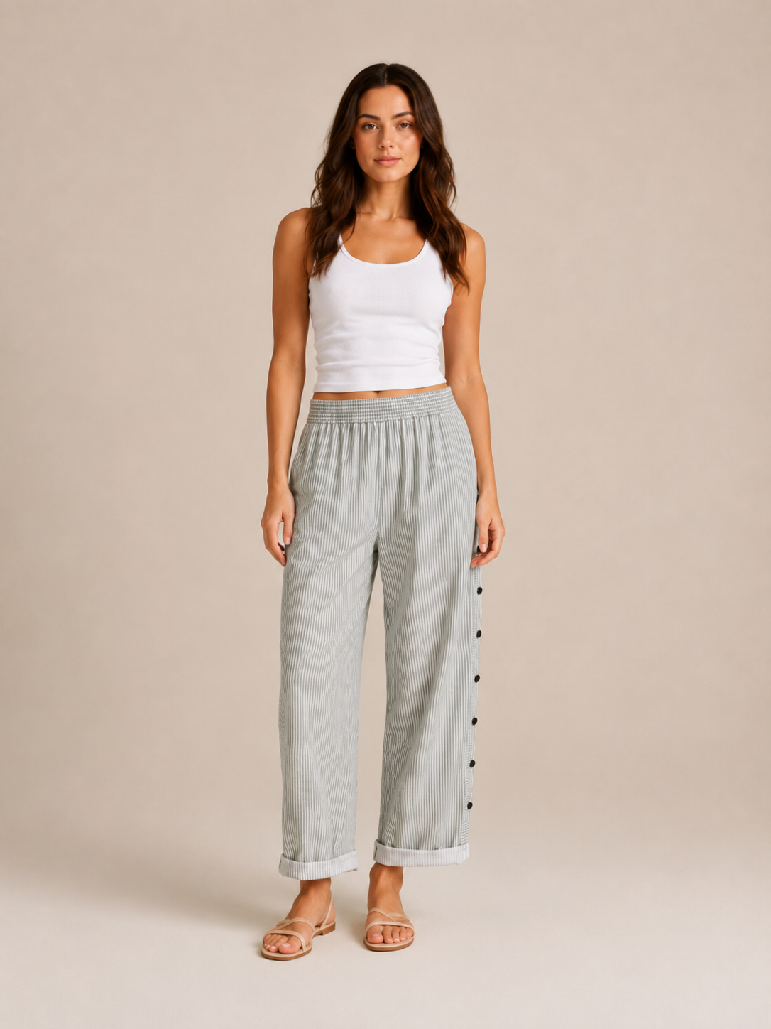 Tirena - Pantalon rayé pour femmes avec taille élastique et boutons sur les côtés