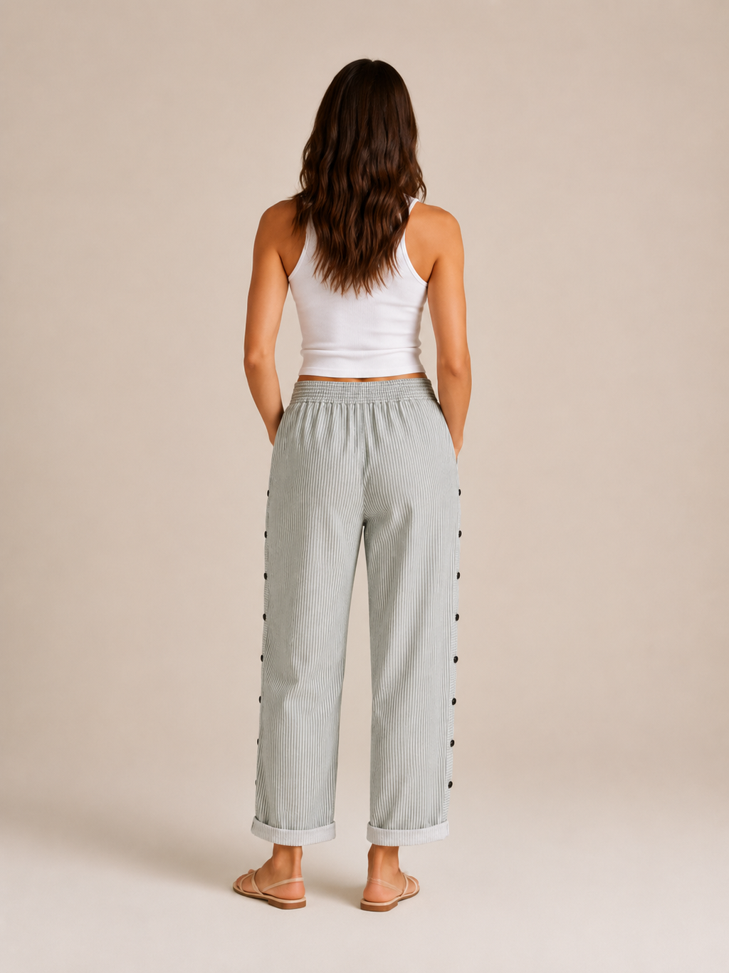 Tirena - Pantalon rayé pour femmes avec taille élastique et boutons sur les côtés