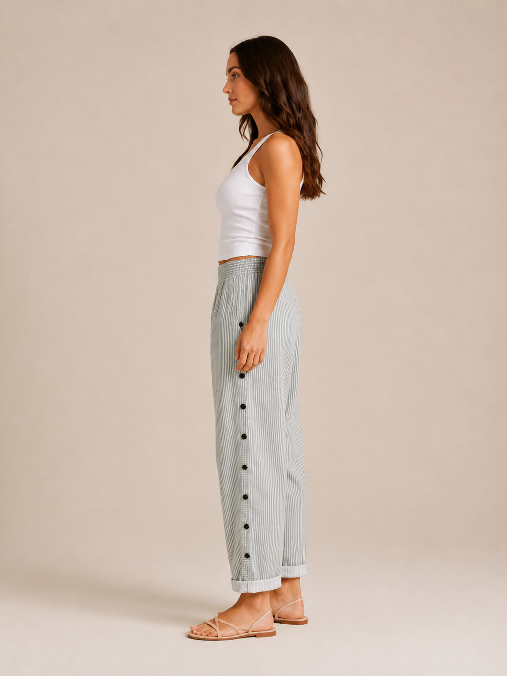 Tirena - Pantalon rayé pour femmes avec taille élastique et boutons sur les côtés