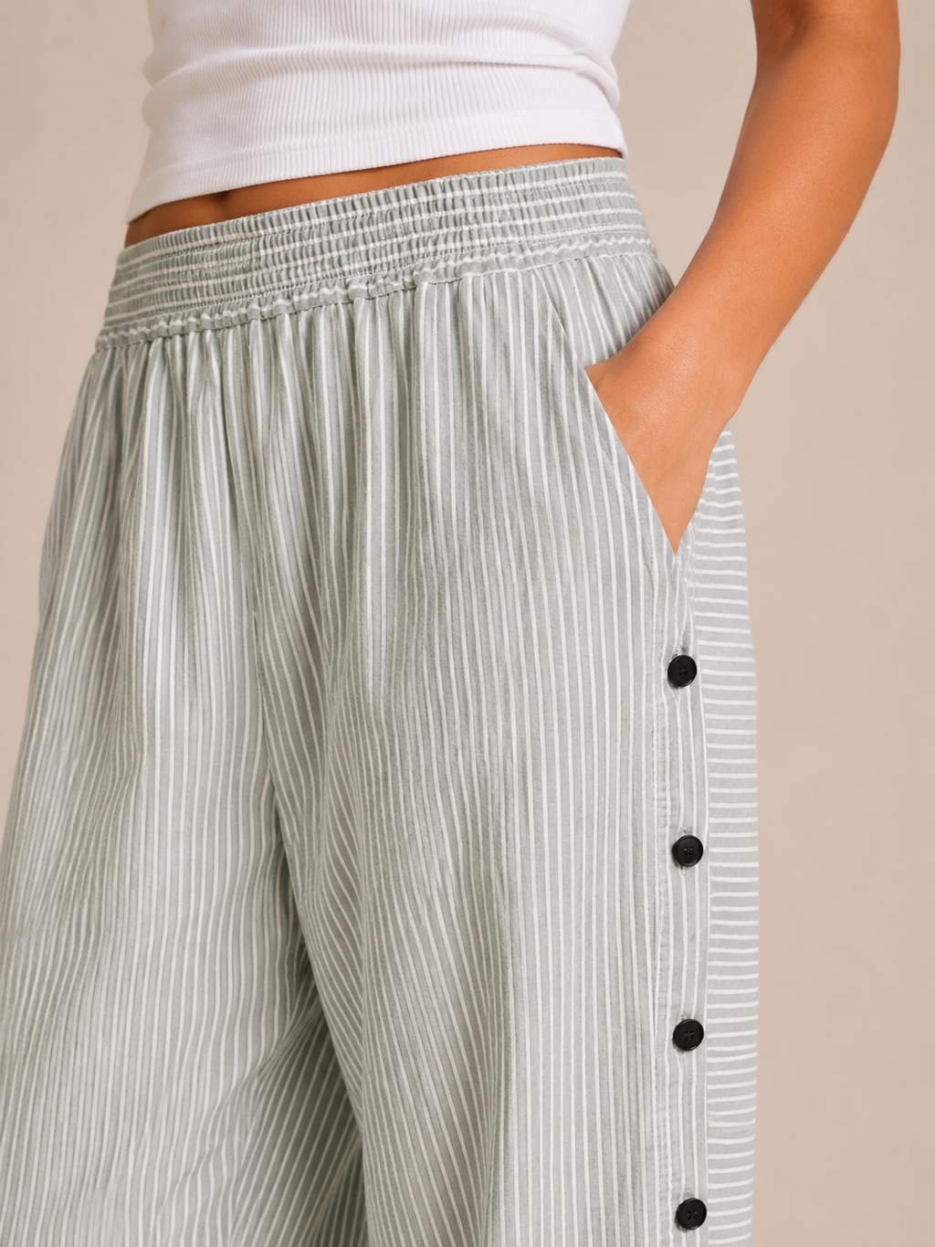 Tirena - Pantalon rayé pour femmes avec taille élastique et boutons sur les côtés
