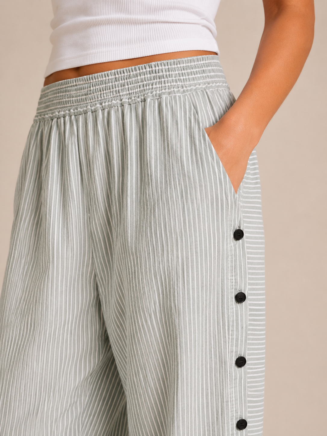 Tirena - Pantalon rayé pour femmes avec taille élastique et boutons sur les côtés